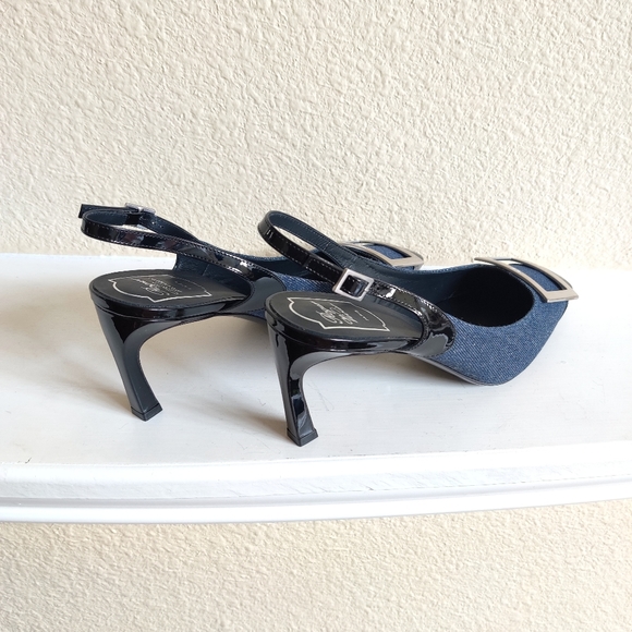 Roger Vivier Blue Denim/Black Leather Slingback New - Picture 7 of 11